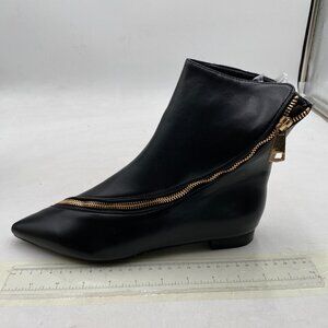 Black Women Comfy Western Flat Ankle Boots Low Heel Pointed Toe Side Zipper Boot